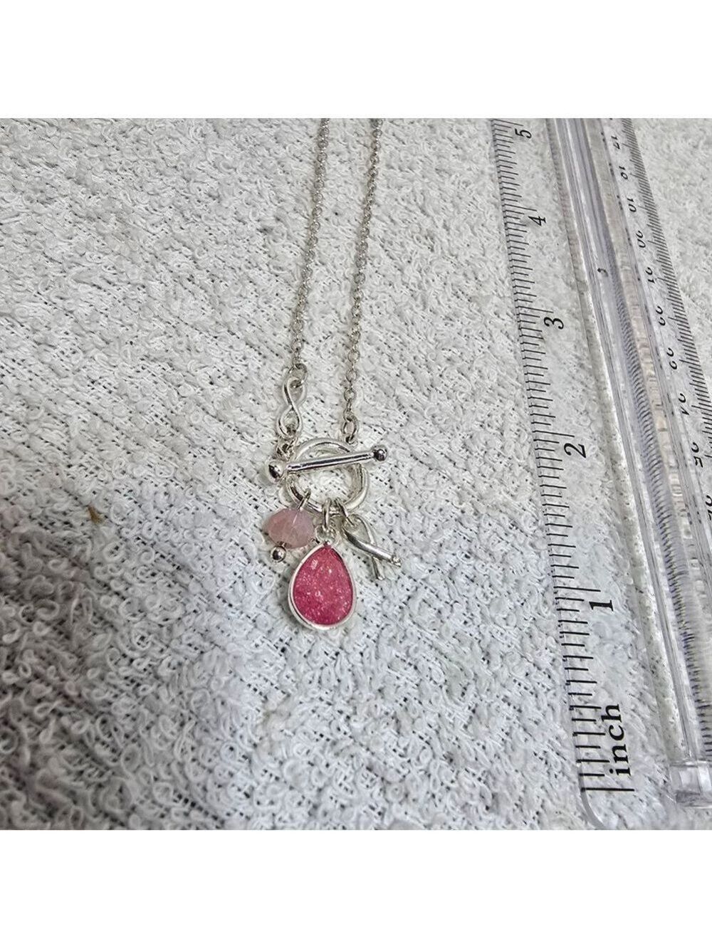 Women's Avon Silver Tone Pink Ribbon Charm Toggle Necklace One Size